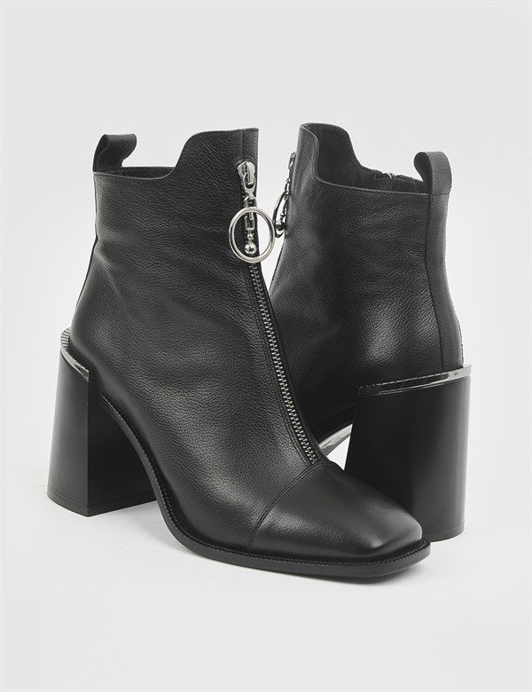 Celeste Black Leather Women's Heeled Boot