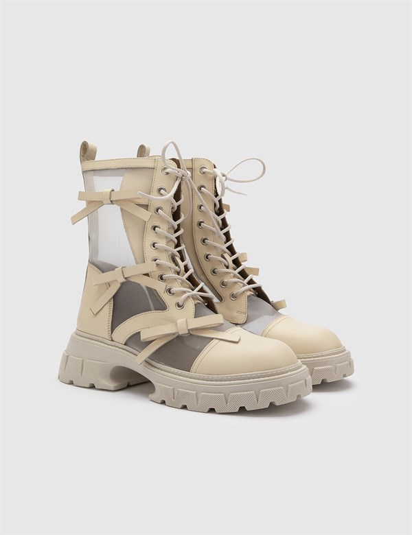Cenevre Beige Leather Women's Boot
