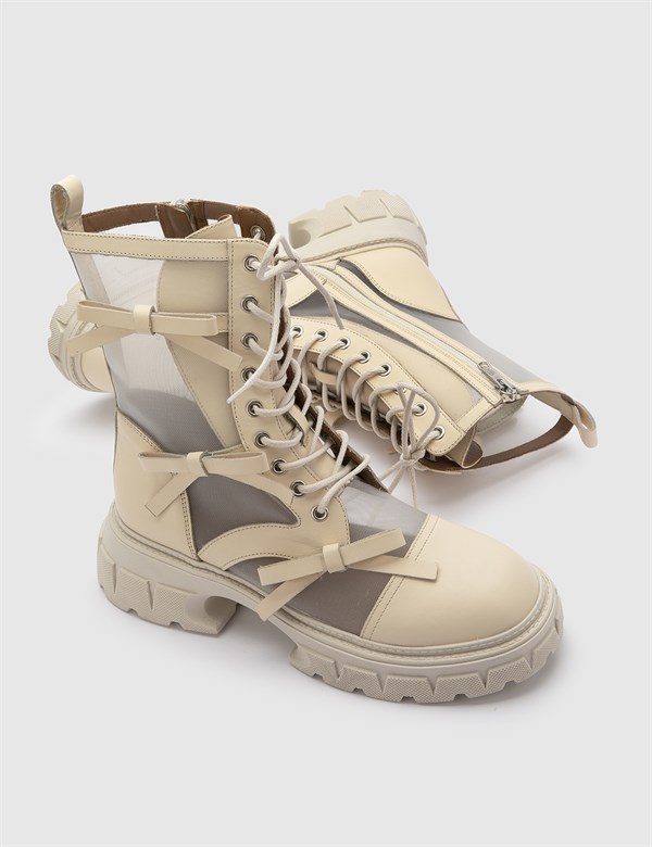 Cenevre Beige Leather Women's Boot