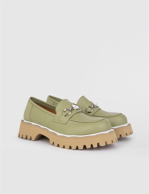 Cery Olive Green Leather Women's Loafer