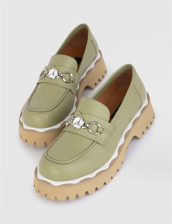 Cery Olive Green Leather Women's Loafer