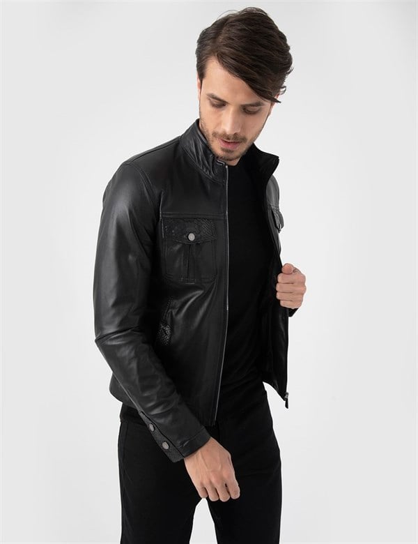 Deene Black Leather-Black Snake Men's Bomber Jacket