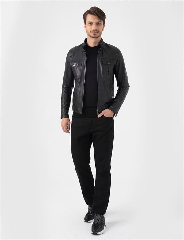 Deene Black Leather-Black Snake Men's Bomber Jacket