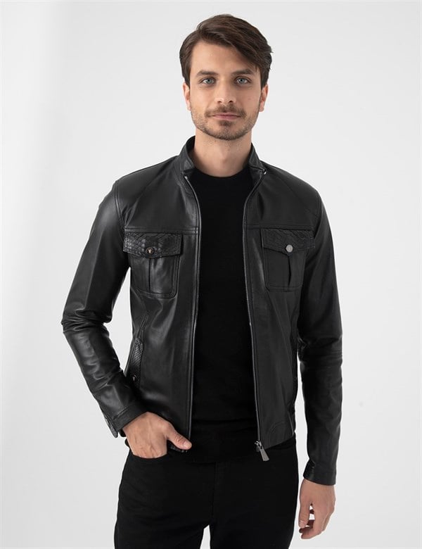 Deene Black Leather-Black Snake Men's Bomber Jacket