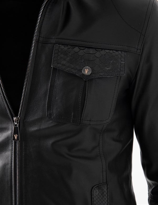 Deene Black Leather-Black Snake Men's Bomber Jacket