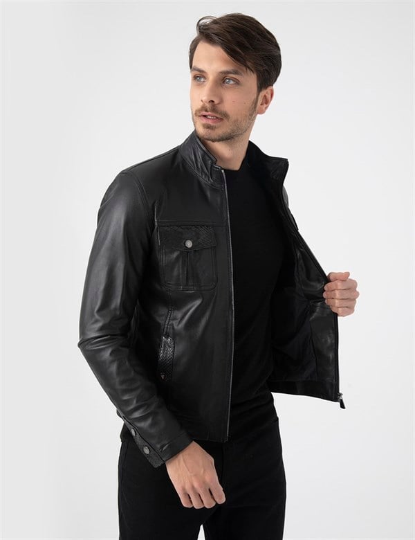Deene Black Leather-Black Snake Men's Bomber Jacket