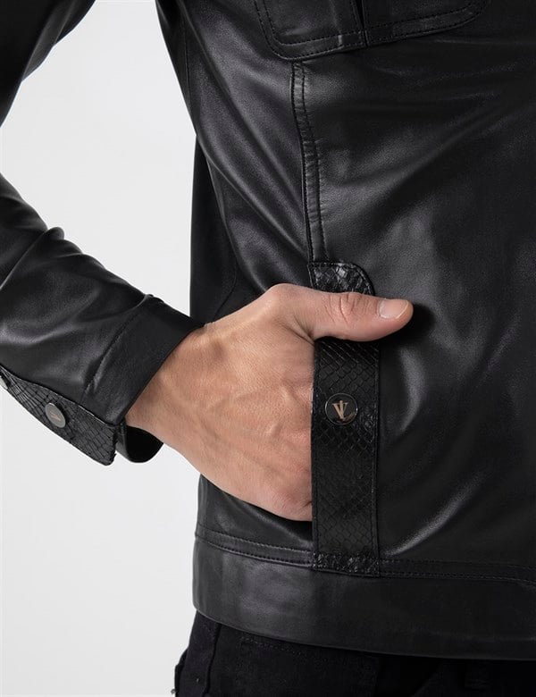 Deene Black Leather-Black Snake Men's Bomber Jacket