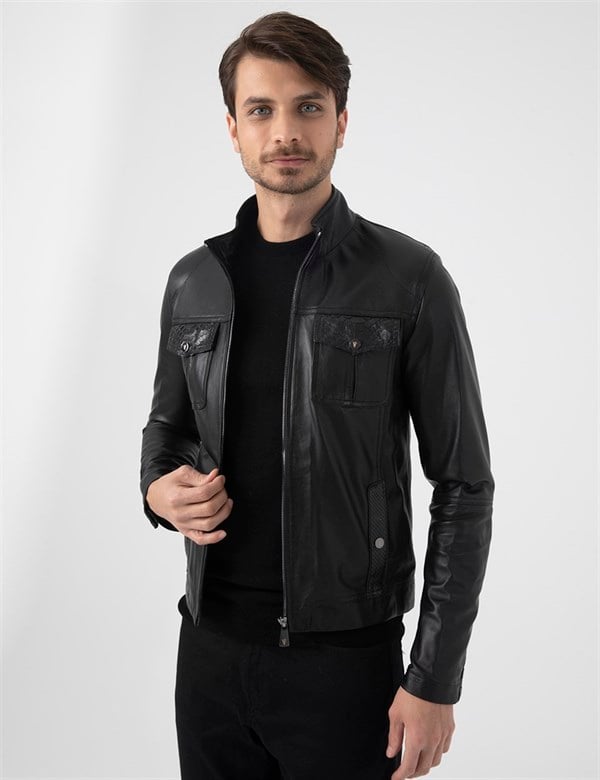 Deene Black Leather-Black Snake Men's Bomber Jacket