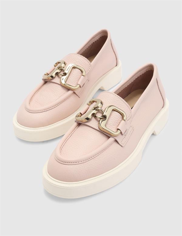 Denisa Hakiki Deri Kadın Pembe Loafer Ayakkabı