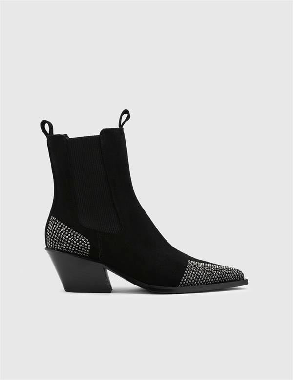 Dixie Black Suede Leather Women's Heeled Boot with Stones