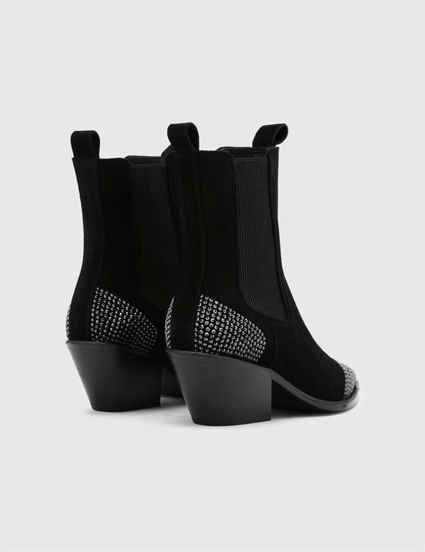 Dixie Black Suede Leather Women's Heeled Boot with Stones