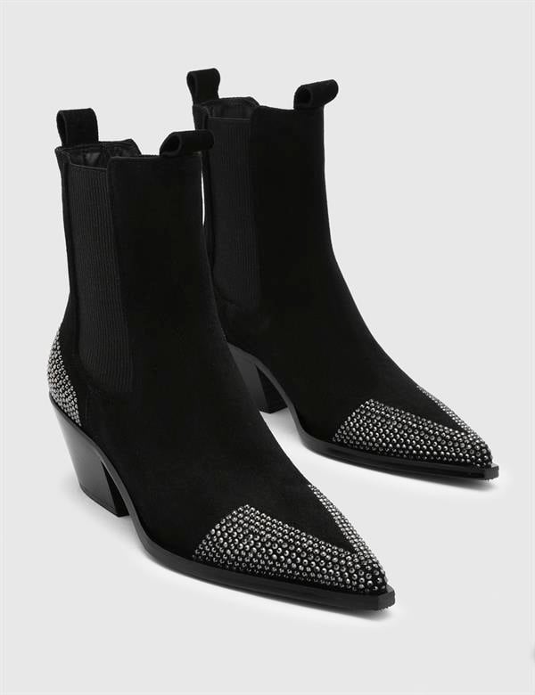 Dixie Black Suede Leather Women's Heeled Boot with Stones