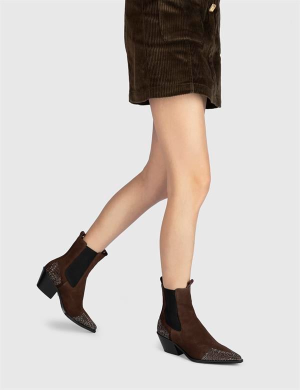Dixie Black Suede Leather Women's Heeled Boot with Stones