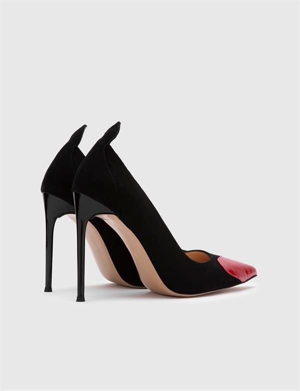 Effe Hakiki Süet Rugan Deri Kadın Siyah Kırmızı Stiletto