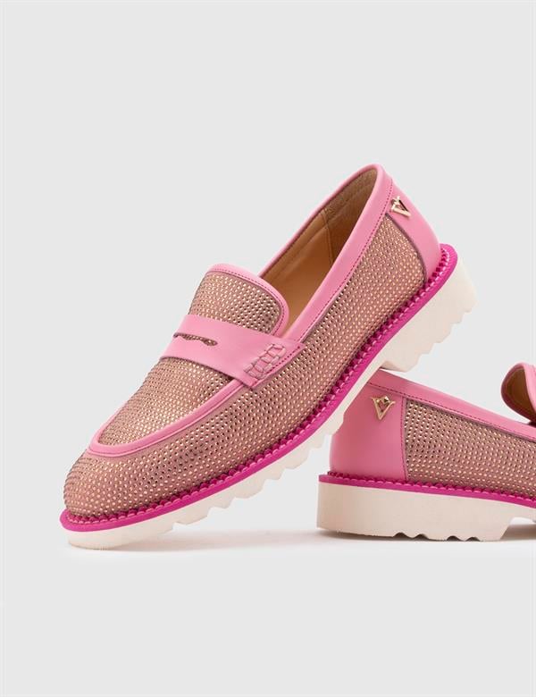Ekala Pink Suede Leather Women's Loafer with Stones