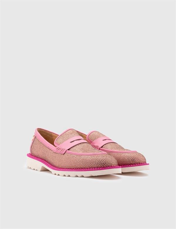 Ekala Pink Suede Leather Women's Loafer with Stones