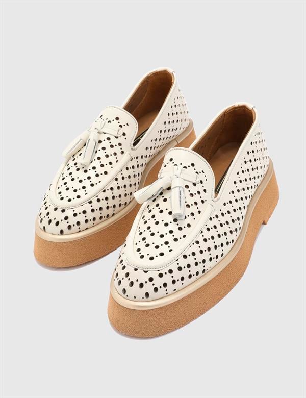 Elouga Hakiki Deri Kadın Krem Loafer Ayakkabı