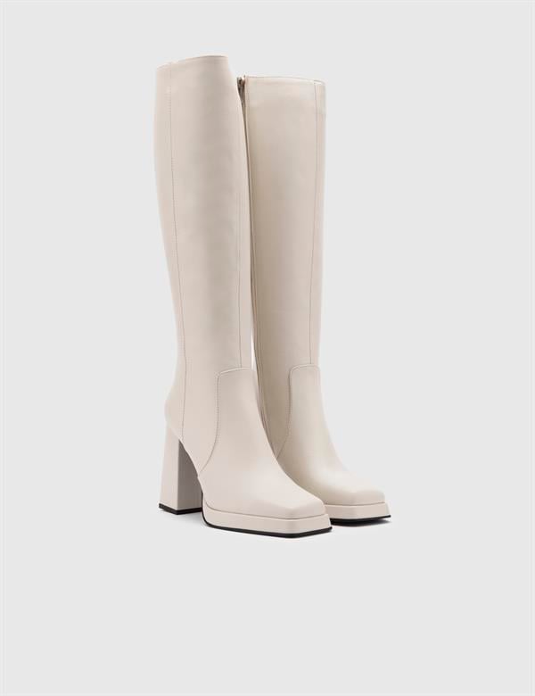 Espen Beige Leather Women's Heeled High Boot