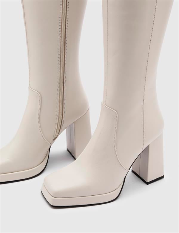 Espen Beige Leather Women's Heeled High Boot