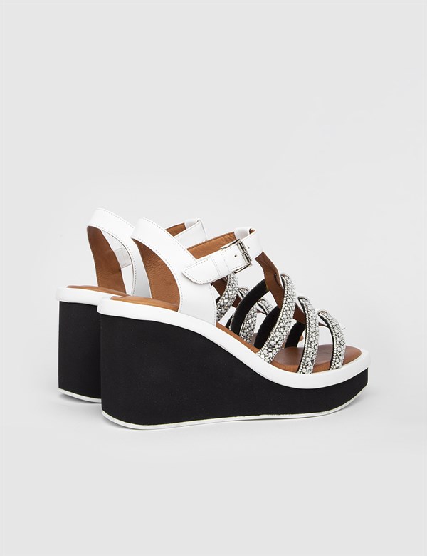 Faste White Leather Women's Heeled Sandal with Stones