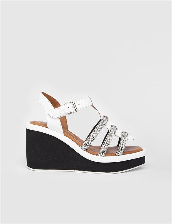 Faste White Leather Women's Heeled Sandal with Stones