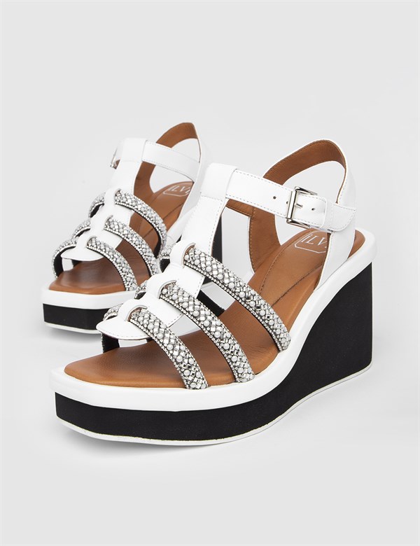 Faste White Leather Women's Heeled Sandal with Stones