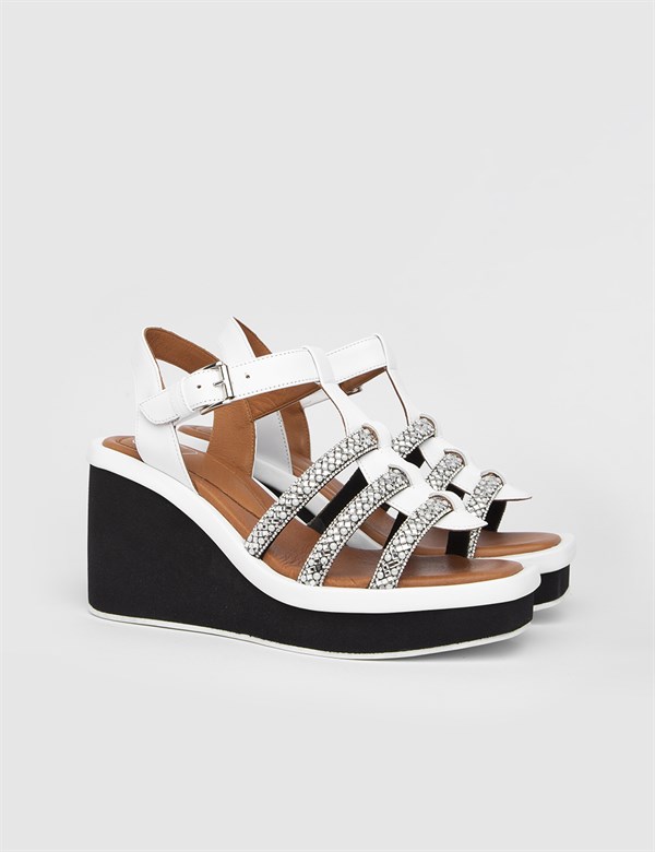 Faste White Leather Women's Heeled Sandal with Stones