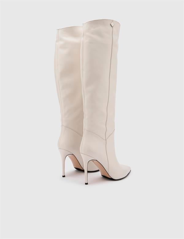 Flin Beige Leather Women's Heeled High Boot