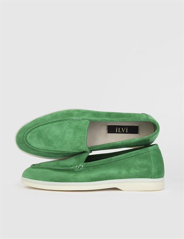Gader Hakiki Süet Deri Kadın Yeşil Loafer Ayakkabı