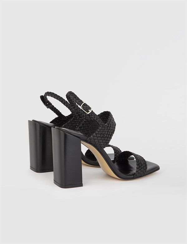 Holy Black Woven Leather Women's Heeled Sandal