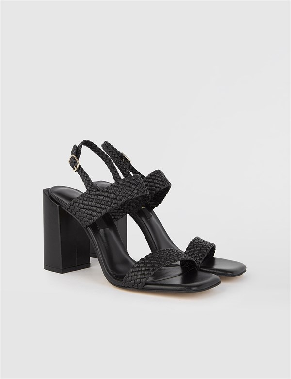 Holy Black Woven Leather Women's Heeled Sandal