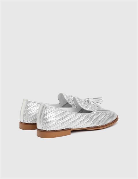Josie Hakiki Örgü Deri Gümüş Kadın Loafer Ayakkabı