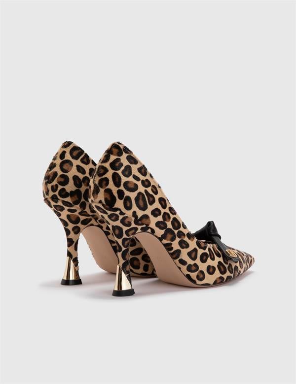 Kacey Hakiki Deri Tay Tüyü Kadın Leopar Topuklu Ayakkabı