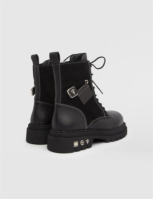 Katrin Black Floater Leather-Suede Leather Women's Boot