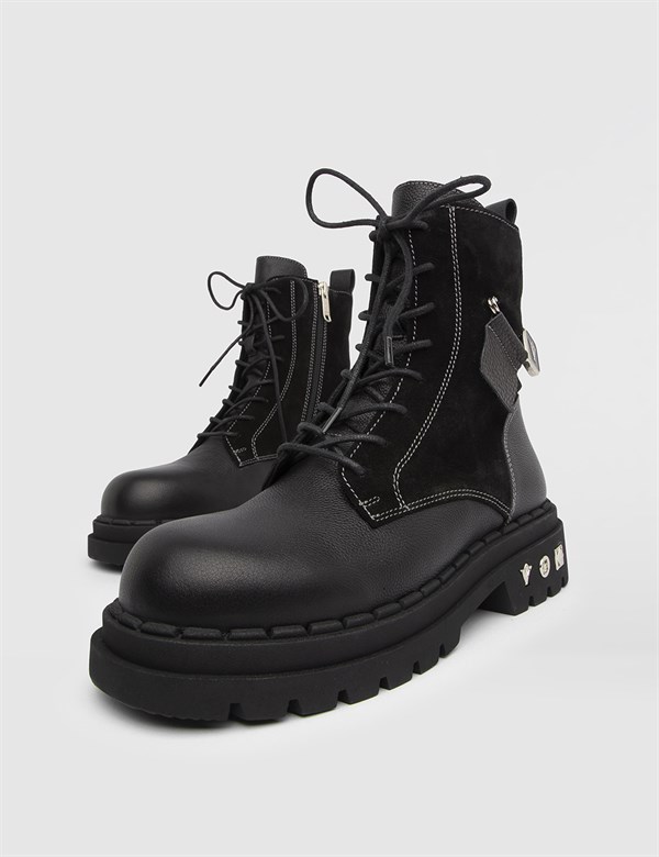 Katrin Black Floater Leather-Suede Leather Women's Boot