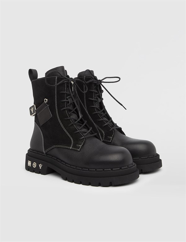 Katrin Black Floater Leather-Suede Leather Women's Boot