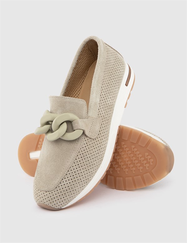 Kepong Beige Suede Leather Women's Loafer