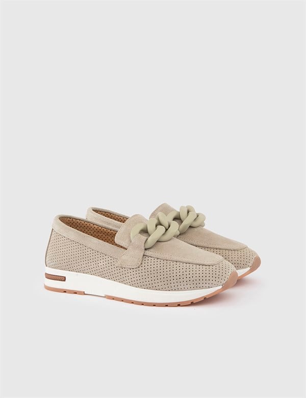 Kepong Beige Suede Leather Women's Loafer
