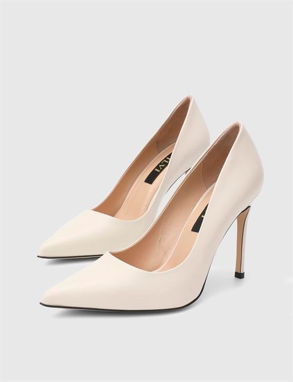 Linz Hakiki Deri Bej Kadın Stiletto