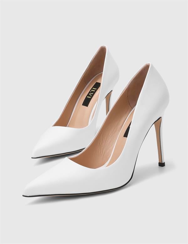 Linz Hakiki Deri Beyaz Kadın Stiletto