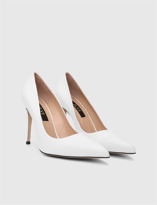 Linz Hakiki Deri Beyaz Kadın Stiletto