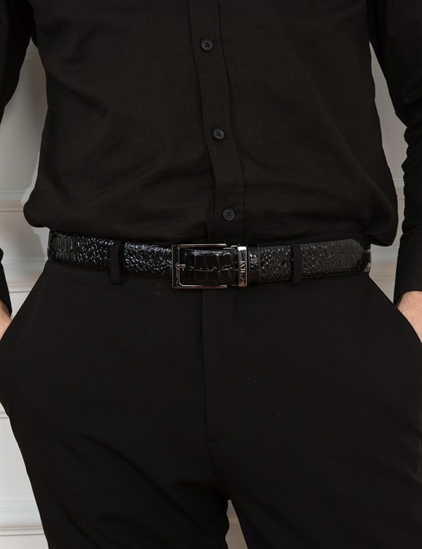 Lucknow Black Leather Crocodile Men's Belt