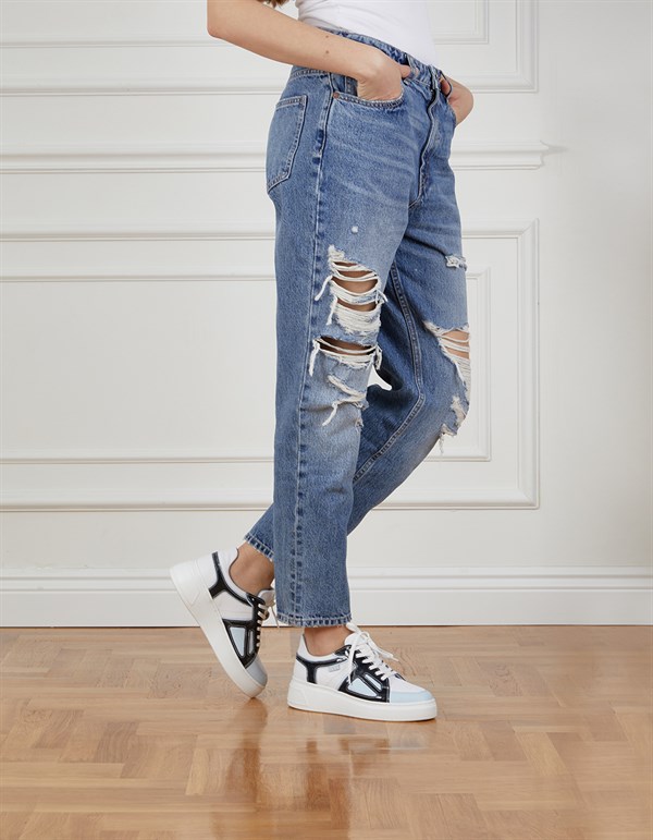 Luzern Blue-White Leather-Black Patent Leather Women's Sneaker