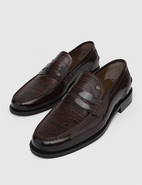 Mathea Brown Leather Men's Classic Shoe with Crocodile Print