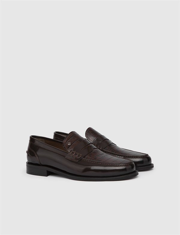 Mathea Brown Leather Men's Classic Shoe with Crocodile Print