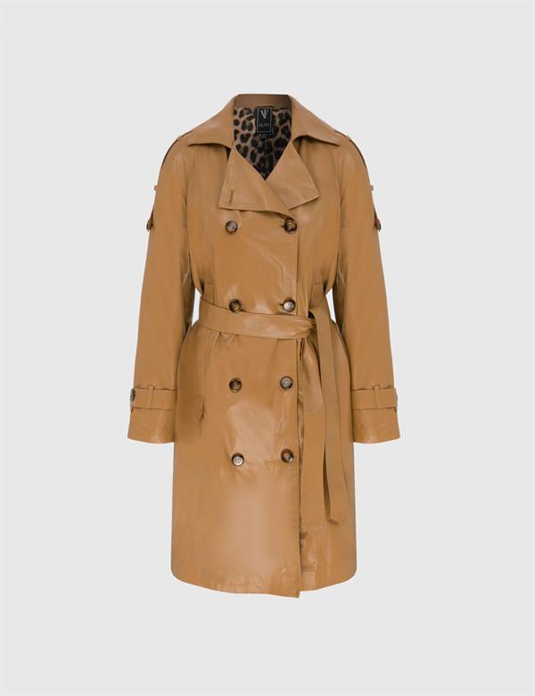 Mirha Saddle Brown Women's Leather Trench Coat