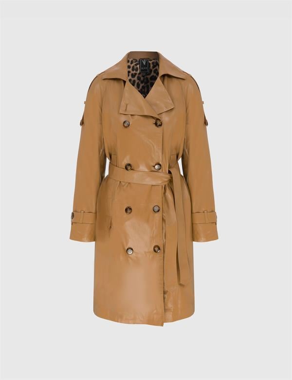 Mirha Saddle Brown Women's Leather Trench Coat