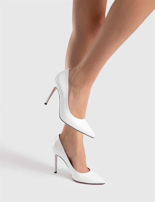 Nelli Hakiki Deri Kadın Beyaz Stiletto
