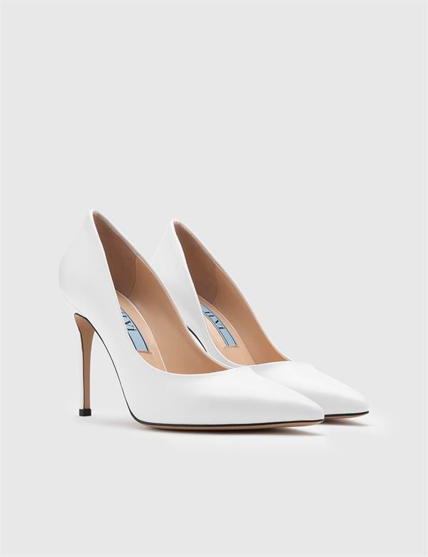 Nelli Hakiki Deri Kadın Beyaz Stiletto