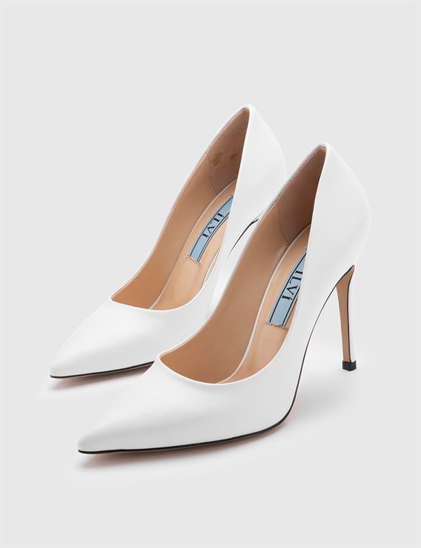 Nelli Hakiki Deri Kadın Beyaz Stiletto